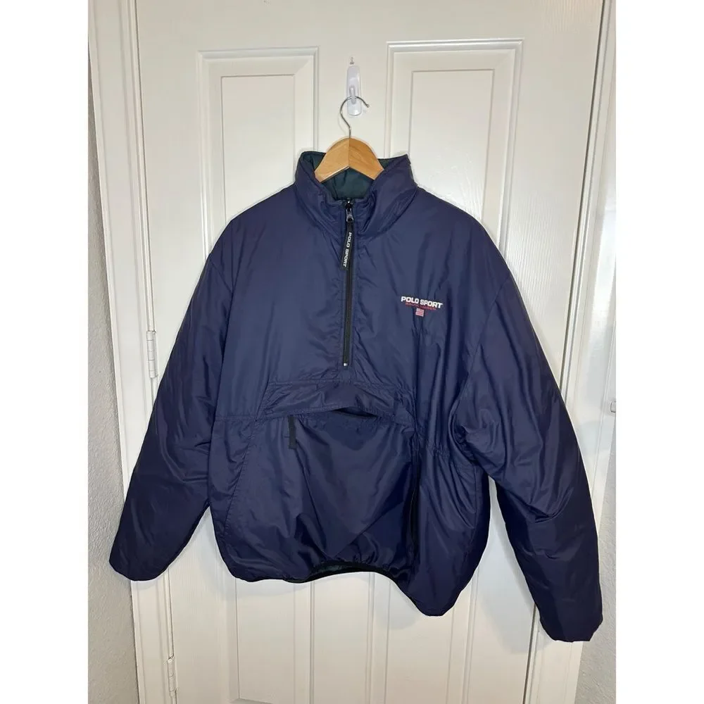 RARE VTG Polo Sport Ralph Lauren Reversible Puffer Quarter Zip Jacket Sz L Retro